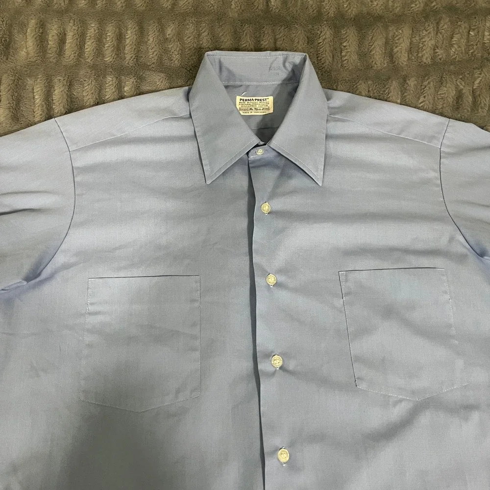 Vintage Perma Prest Sears Men's Light Blue Short Sleeve Button Up Shirt Size 16
